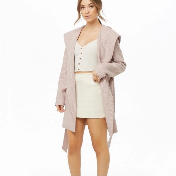 Medium Mauve Pink Chevron Belted Hooded Dress Coat Jacket NEW from Forever21 - Picture 2 of 11